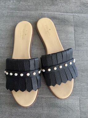 kate spade Black Pearl-Trim Fringe Slide Mules